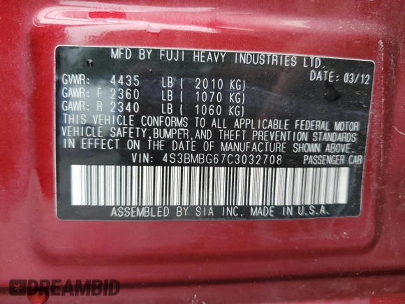 2012 Subaru Legacy Premium с VIN 4S3BMBG67C3032708, выставлен на аукционе Copart как лот 63787595 с пробегом 110 225 миль миль и Списание • Salvage title. История ставок и продаж доступна на DreamBid. Изображение 12.