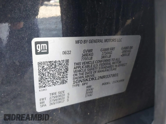2022 Chevrolet Suburban with VIN 1GNSKDKL2NR337801, listed as a IAAI auction lot 41764667 with Not provided miles and . Bid and sale history available at DreamBid. Image 9.