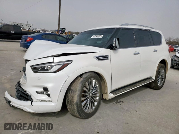 2021 Infiniti QX80 SENSORY with VIN JN8AZ2BE0M9267630, listed as a Copart auction lot 47590705 with 114,051 mi miles and Salvage Title. Bid and sale history available at carsss.com. Image 1.