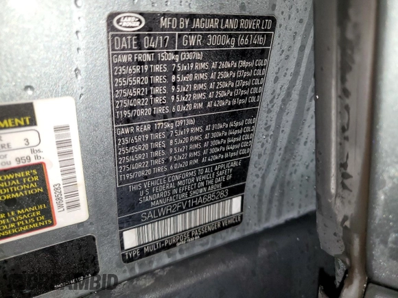 2017 Land Rover Range Rover Sport HSE z VIN SALWR2FV1HA685283, wystawiony jako Copart lot #51433555 z przebiegiem 80 137 mil mil oraz Szkoda całkowita • Salvage title. Historia ofert i sprzedaży dostępna na DreamBid. Obrazek 14.