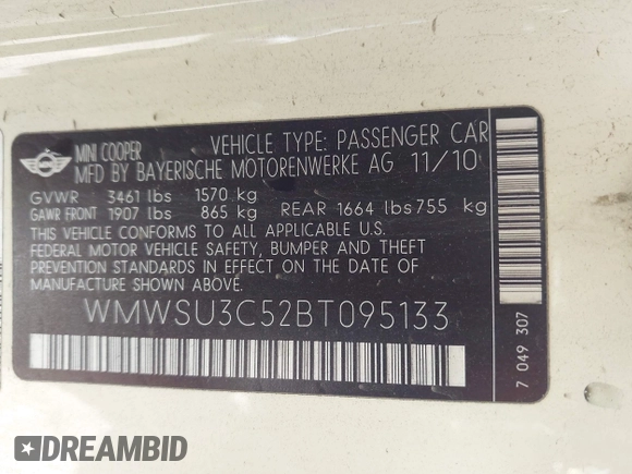 2011 MINI Hardtop with VIN WMWSU3C52BT095133, listed as a IAAI auction lot 42249436 with 44,652 mi miles and . Bid and sale history available at DreamBid. Image 9.