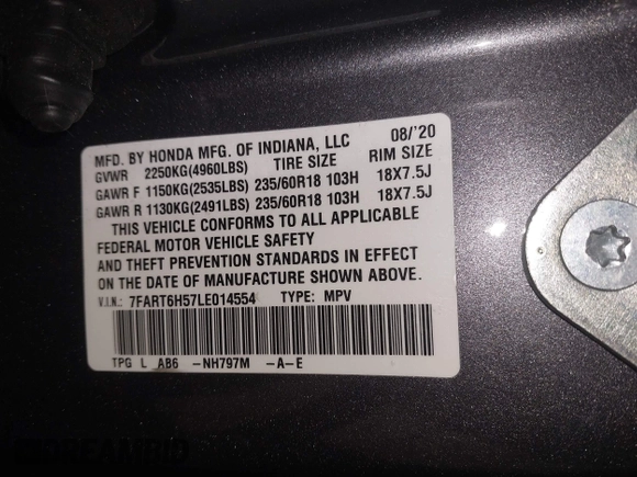 2020 Honda CR-V EX with VIN 7FART6H57LE014554, listed as a IAAI auction lot 41949303 with 68,786 mi miles and . Bid and sale history available at DreamBid. Image 9.