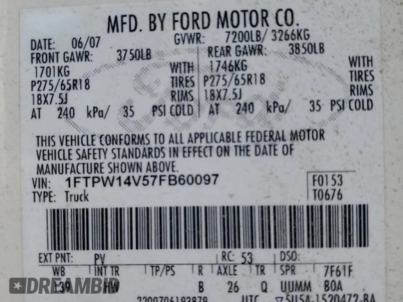 2007 Ford F-150 XLT z VIN 1FTPW14V57FB60097, wystawiony jako Copart lot #60378435 z przebiegiem 223 430 mil mil oraz Szkoda całkowita • Salvage title. Historia ofert i sprzedaży dostępna na DreamBid. Obrazek 12.