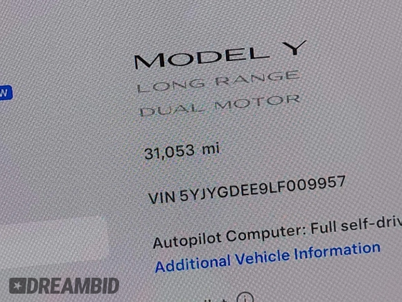 2020 Tesla Model Y Long Range with VIN 5YJYGDEE9LF009957, listed as a IAAI auction lot 41780248 with 31,053 mi miles and . Bid and sale history available at DreamBid. Image 16.