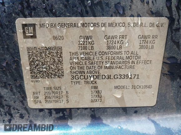 2020 Chevrolet Silverado 1500 LT with VIN 3GCUYDED3LG339171, listed as a IAAI auction lot 42057209 with 127,093 mi miles and . Bid and sale history available at DreamBid. Image 9.