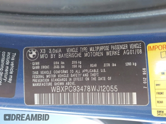 2008 BMW X3 3.0si with VIN WBXPC93478WJ12055, listed as a IAAI auction lot 42083053 with 164,061 mi miles and . Bid and sale history available at DreamBid. Image 9.