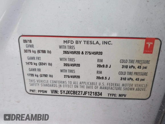 2018 Tesla Model X 75D with VIN 5YJXCBE27JF121834, listed as a IAAI auction lot 41769246 with 90,814 mi miles and . Bid and sale history available at carsss.com. Image 9.
