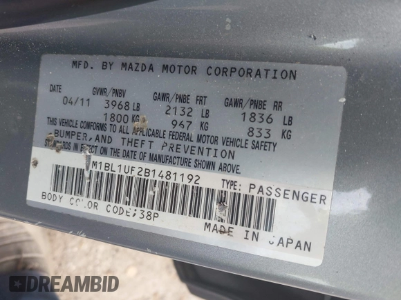 2011 Mazda Mazda3 i Sport with VIN JM1BL1UF2B1481192, listed as a IAAI auction lot 42102068 with 231,588 mi miles. Bid and sale history available at carsss.com. Image 9.