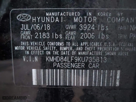 2019 Hyundai Elantra Preferred with VIN KMHD84LF9KU735813, listed as a IAAI auction lot 41073996 with 96,326 mi miles. Bid and sale history available at carsss.com. Image 9.