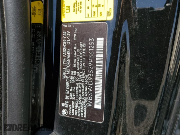 2009 BMW M3 with VIN WBSWD93529P361253, listed as a Copart auction lot 59385875 with 76,693 mi miles and Salvage title. Bid and sale history available at DreamBid. Image 12.