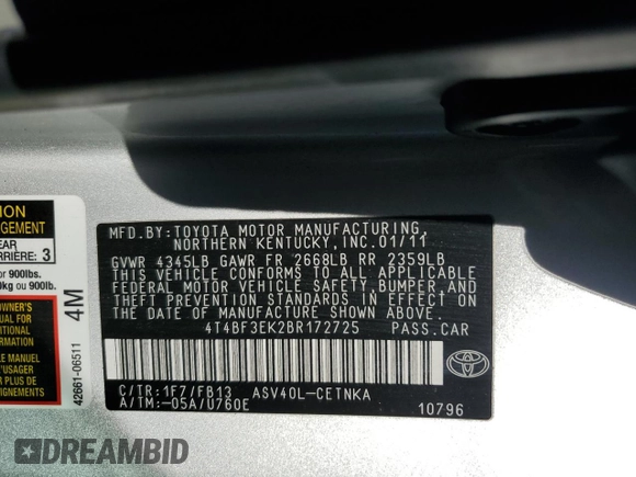2011 Toyota Camry LE with VIN 4T4BF3EK2BR172725, listed as a Copart auction lot 41046544 with 127,942 mi miles and Salvage title. Bid and sale history available at DreamBid. Image 13.