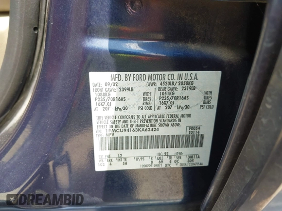 2003 Ford Escape Limited z VIN 1FMCU94163KA63424, wystawiony jako IAAI lot #42737023 z przebiegiem 137 918 mil mil oraz . Historia ofert i sprzedaży dostępna na DreamBid. Obrazek 9.