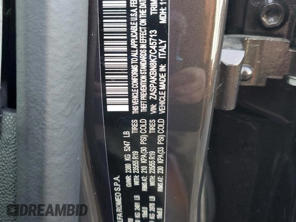 2019 Alfa Romeo Stelvio Ti with VIN ZASPAKBN8K7C45713, listed as a Copart auction lot 81956594 with Not provided miles and Salvage title. Bid and sale history available at DreamBid. Image 15.