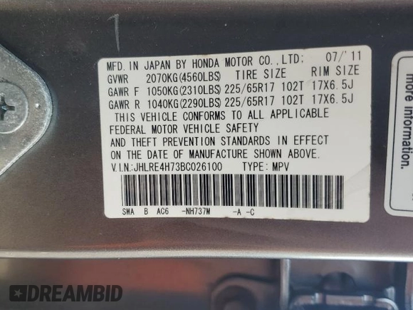 2011 Honda CR-V EX-L with VIN JHLRE4H73BC026100, listed as a Copart auction lot 61245265 with 181,557 mi miles and Salvage title. Bid and sale history available at DreamBid. Image 13.