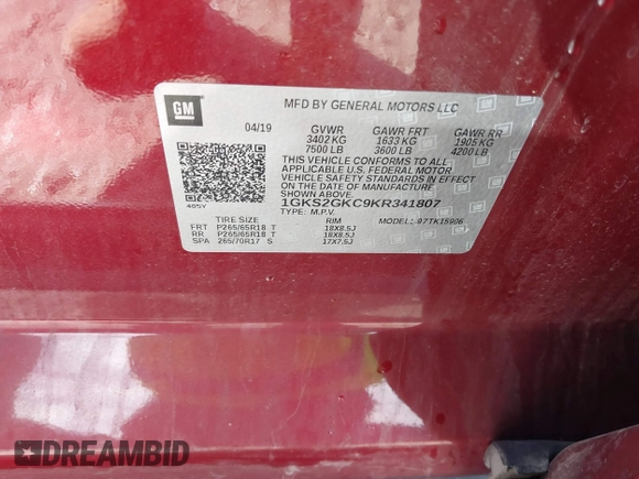 2019 GMC Yukon XL SLT with VIN 1GKS2GKC9KR341807, listed as a IAAI auction lot 41658848 with 68,204 mi miles. Bid and sale history available at carsss.com. Image 9.