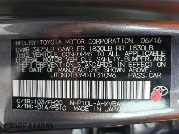 2016 Toyota Prius One z VIN JTDKDTB39G1131096, wystawiony jako Copart lot #60158435 z przebiegiem 76 160 mil mil oraz Szkoda całkowita • Salvage title. Historia ofert i sprzedaży dostępna na DreamBid. Obrazek 13.
