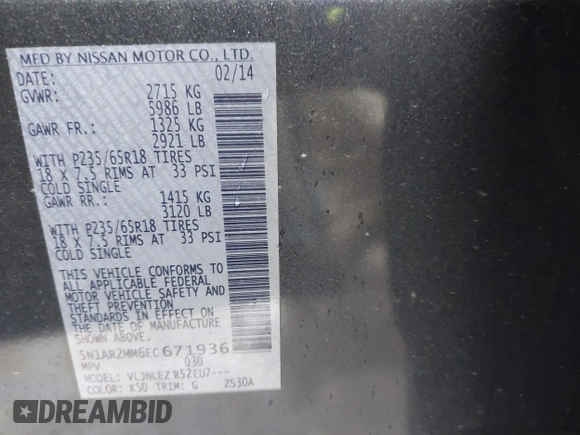 2014 Nissan Pathfinder S with VIN 5N1AR2MM6EC671936, listed as a IAAI auction lot 41680439 with 144,259 mi miles and . Bid and sale history available at DreamBid. Image 9.