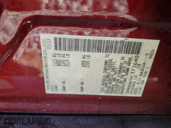 2019 Nissan Maxima SV with VIN 1N4AA6AV5KC373640, listed as a Copart auction lot 57222715 with 102,152 mi miles and Salvage title. Bid and sale history available at DreamBid. Image 12.