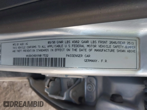1999 Audi A6 with VIN WAUBA34BXXN017532, listed as a IAAI auction lot 41787556 with 103,439 mi miles. Bid and sale history available at carsss.com. Image 9.