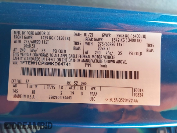 2021 Ford F-150 XL с VIN 1FTEW1CP8MKD04741, выставлен на аукционе IAAI как лот 42145832 с пробегом 29 514 миль миль и . История ставок и продаж доступна на DreamBid. Изображение 9.