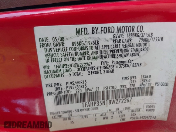 2008 Ford Focus SE with VIN 1FAHP35N18W272267, listed as a IAAI auction lot 41003854 with 239,062 mi miles. Bid and sale history available at carsss.com. Image 9.