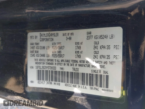 2000 Dodge Dakota SLT with VIN 1B7GL26ZXYS720333, listed as a IAAI auction lot 41972966 with 111,584 mi miles and . Bid and sale history available at DreamBid. Image 9.