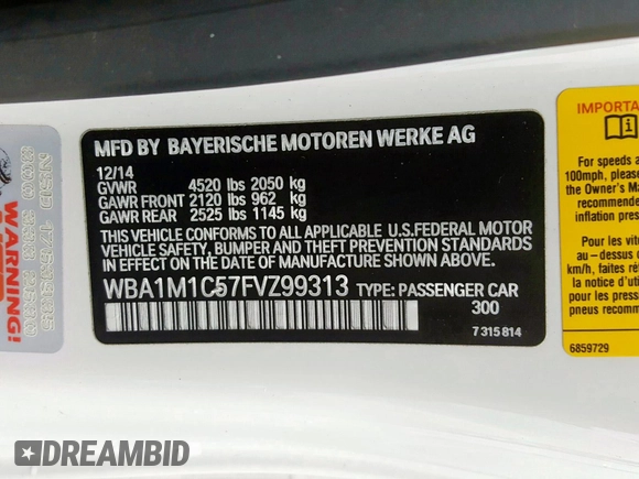 2015 BMW 2 Series M235i with VIN WBA1M1C57FVZ99313, listed as a Copart auction lot 31220780 with 34,911 mi miles and . Bid and sale history available at carsss.com. Image 10.