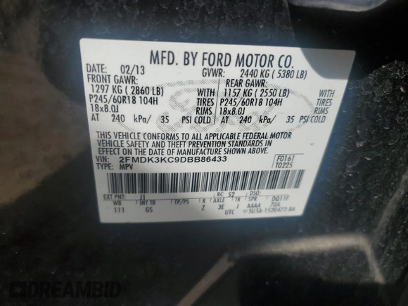 2013 Ford Edge Limited with VIN 2FMDK3KC9DBB86433, listed as a Copart auction lot 53741045 with 113,730 mi miles and Salvage Title. Bid and sale history available at carsss.com. Image 14.
