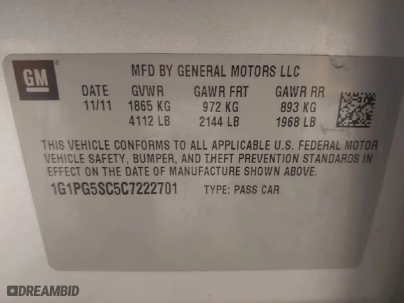 2012 Chevrolet Cruze LT w/2LT with VIN 1G1PG5SC5C7222701, listed as a IAAI auction lot 41463876 with NaN miles. Bid and sale history available at carsss.com. Image 9.