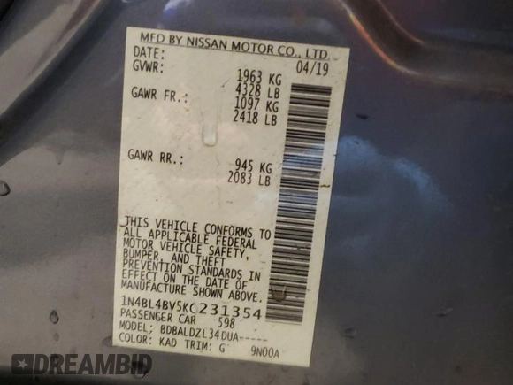 2019 Nissan Altima 2.5 S with VIN 1N4BL4BV5KC231354, listed as a Copart auction lot 48875705 with 83,882 mi miles and Salvage Title. Bid and sale history available at carsss.com. Image 12.