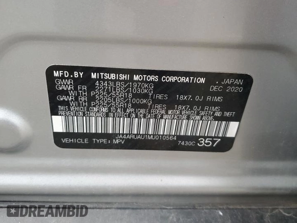 2021 Mitsubishi Outlander ES z VIN JA4ARUAU1MU010564, wystawiony jako Copart lot #56552645 z przebiegiem 86 994 mil mil oraz Czysty tytuł • Clean title. Historia ofert i sprzedaży dostępna na DreamBid. Obrazek 13.