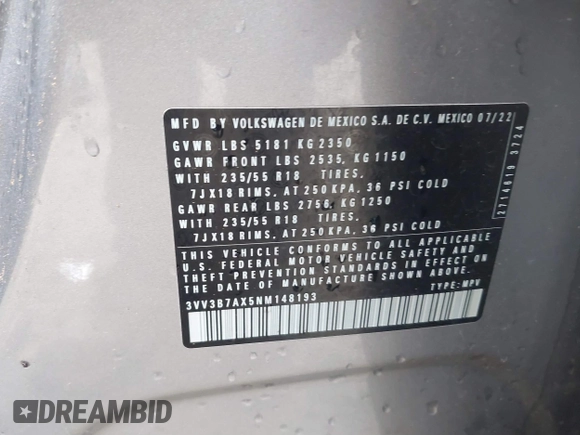 2022 Volkswagen Tiguan SE с VIN 3VV3B7AX5NM148193, выставлен на аукционе IAAI как лот 40795694 с пробегом 62 828 миль миль и . История ставок и продаж доступна на DreamBid. Изображение 9.