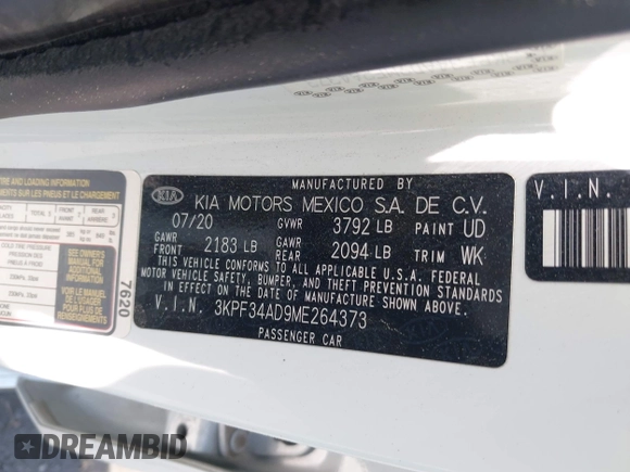 2021 Kia Forte GT-Line z VIN 3KPF34AD9ME264373, wystawiony jako IAAI lot #42460813 z przebiegiem 86 009 mil mil oraz . Historia ofert i sprzedaży dostępna na DreamBid. Obrazek 9.