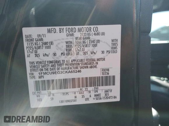 2012 Ford Escape Limited z VIN 1FMCU9EG3CKA65246, wystawiony jako Copart lot #57762675 z przebiegiem 161 568 mil mil oraz Szkoda całkowita • Salvage title. Historia ofert i sprzedaży dostępna na DreamBid. Obrazek 13.