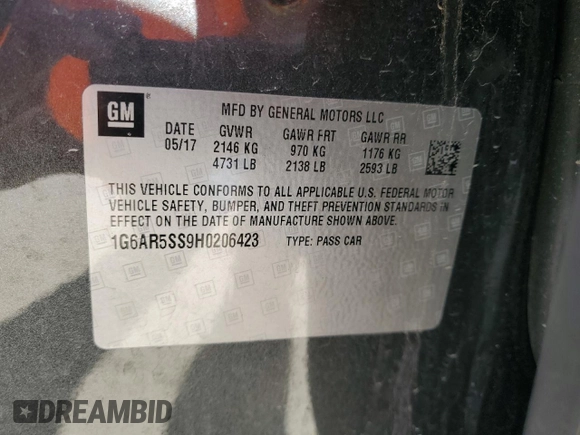 2017 Cadillac CTS Luxury RWD with VIN 1G6AR5SS9H0206423, listed as a Copart auction lot 81364124 with Not Provided miles and Salvage Title. Bid and sale history available at DreamBid. Image 12.