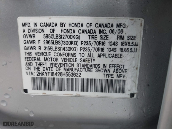 2006 Honda Pilot EX with VIN 2HKYF18426H553632, listed as a IAAI auction lot 41656610 with 154,470 mi miles. Bid and sale history available at carsss.com. Image 9.