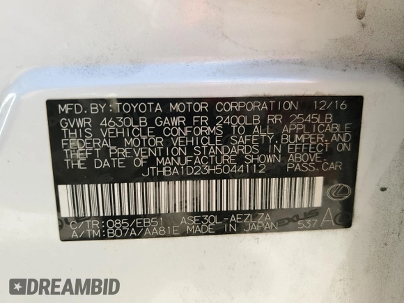 2017 Lexus IS 200t with VIN JTHBA1D23H5044112, listed as a Copart auction lot 49811355 with 116,226 mi miles and Salvage Title. Bid and sale history available at DreamBid. Image 12.