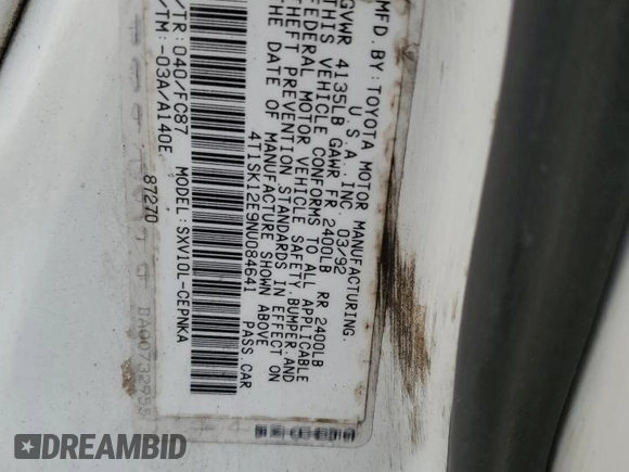 1992 Toyota Camry LE with VIN 4T1SK12E9NU084641, listed as a Copart auction lot 80623414 with 87,846 mi miles and Salvage Title. Bid and sale history available at carsss.com. Image 12.