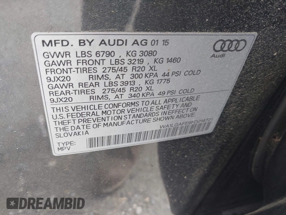 2015 Audi Q7 Premium Plus z VIN WA1LGAFE9FD014721, wystawiony jako IAAI lot #42403743 z przebiegiem 152 615 mil mil oraz . Historia ofert i sprzedaży dostępna na DreamBid. Obrazek 9.