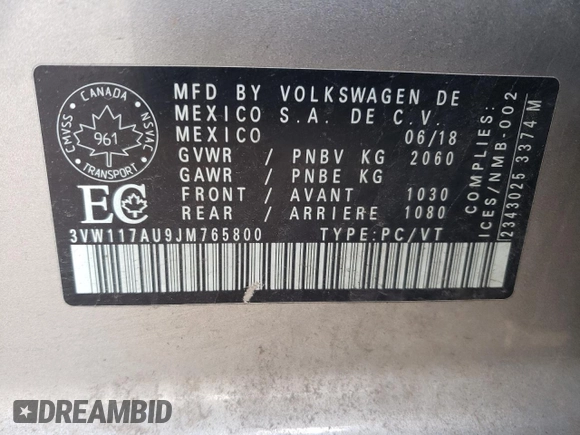 2018 Volkswagen Golf SportWagen S with VIN 3VW117AU9JM765800, listed as a Copart auction lot 42241875 with 136,390 mi miles and Salvage Title. Bid and sale history available at carsss.com. Image 12.