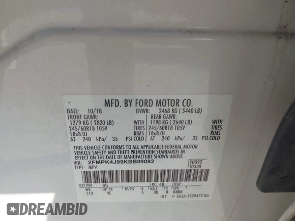 2019 Ford Edge SEL с VIN 2FMPK4J99KBB09082, выставлен на аукционе IAAI как лот 42841161 с пробегом 64 905 миль миль и . История ставок и продаж доступна на DreamBid. Изображение 9.