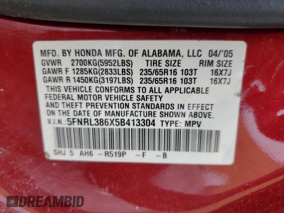 2005 Honda Odyssey EX-L with VIN 5FNRL386X5B413304, listed as a Copart auction lot 45020465 with 210,394 mi miles and Clean Title. Bid and sale history available at carsss.com. Image 13.