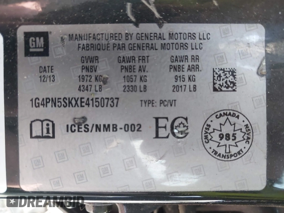 2014 Buick Verano with VIN 1G4PN5SKXE4150737, listed as a IAAI auction lot 42120263 with 34,163 mi miles and . Bid and sale history available at DreamBid. Image 9.