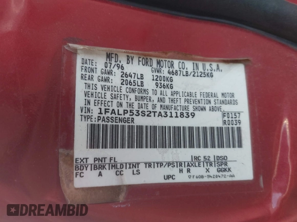 1996 Ford Taurus LX with VIN 1FALP53S2TA311839, listed as a IAAI auction lot 42171689 with 150,116 mi miles and . Bid and sale history available at DreamBid. Image 9.