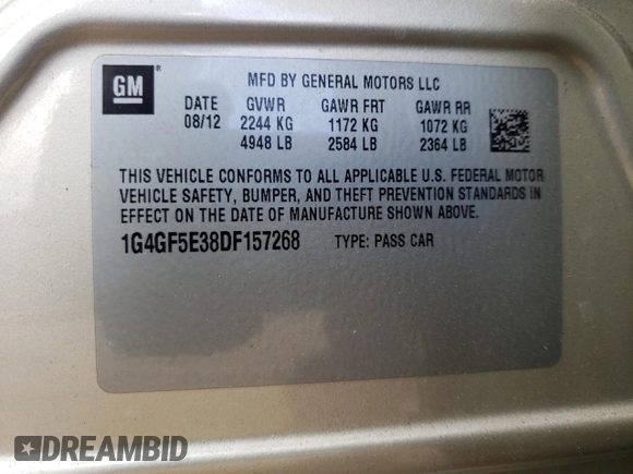 2013 Buick LaCrosse Premium 1 with VIN 1G4GF5E38DF157268, listed as a Copart auction lot 66543174 with 137,997 mi miles and Salvage title. Bid and sale history available at DreamBid. Image 12.