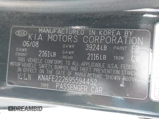 2009 Kia Spectra EX with VIN KNAFE222695594452, listed as a IAAI auction lot 42262174 with 177,254 mi miles and . Bid and sale history available at DreamBid. Image 9.