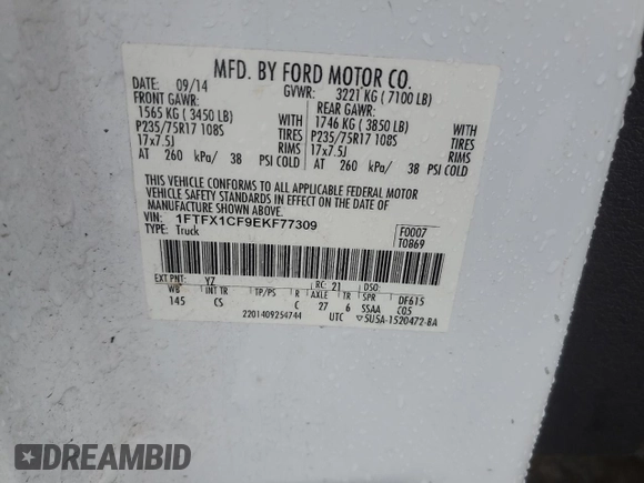 2014 Ford F-150 XL with VIN 1FTFX1CF9EKF77309, listed as a Copart auction lot 61688255 with 141,480 mi miles and Clean title. Bid and sale history available at DreamBid. Image 12.