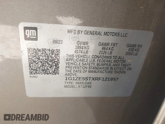 2024 Chevrolet Malibu LT with VIN 1G1ZE5STXRF121957, listed as a IAAI auction lot 41990566 with 35,475 mi miles and . Bid and sale history available at DreamBid. Image 9.