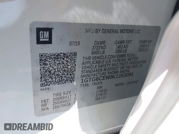 2019 GMC Canyon 4WD SLE z VIN 1GTG6CEN0K1353094, wystawiony jako IAAI lot #42065160 z przebiegiem 73 235 mil mil oraz . Historia ofert i sprzedaży dostępna na DreamBid. Obrazek 9.