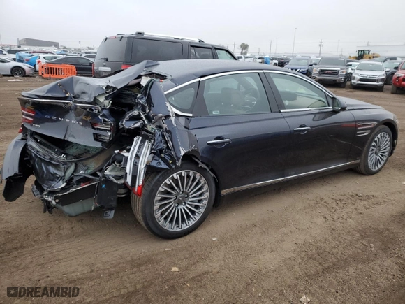 2023 Genesis Electrified G80 with VIN KMTGE4S15PU007334, listed as a Copart auction lot 74006253 with 1,637 mi miles and Salvage Title. Bid and sale history available at carsss.com. Image 3.